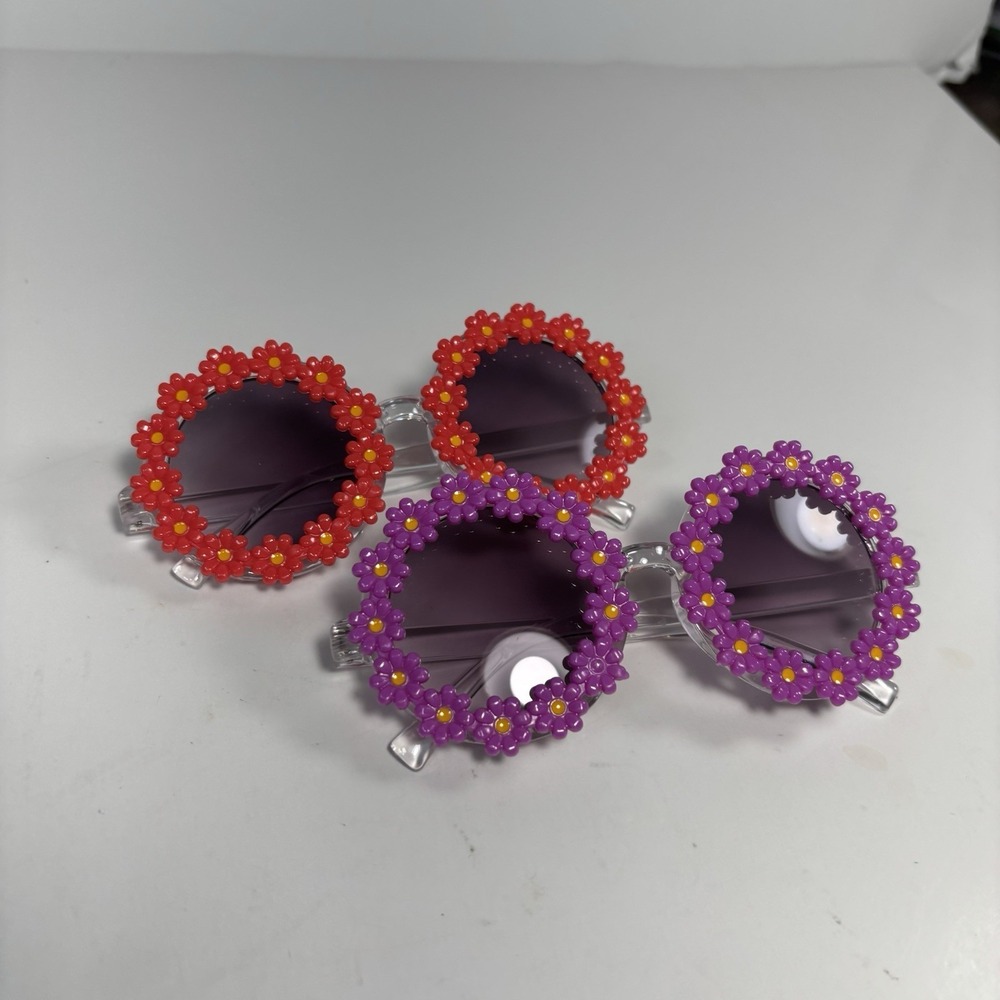Toddler Daisy Shape Round Sunglasses Set Of 2 Purple Red Retro 60s Boho
